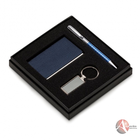 Conjunto de Caneta, Porta Cartão e Chaveiro para Brindes Azul