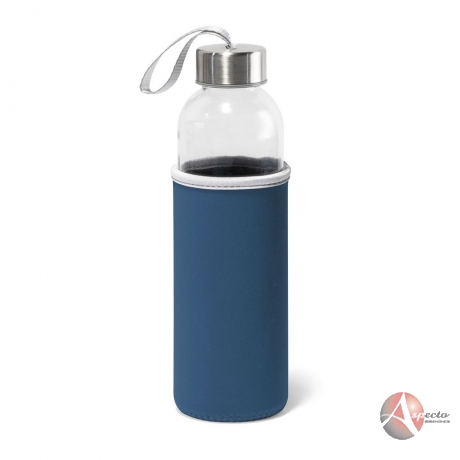 Squeeze de Vidro e Aço Inox 520 ml com Luva Soft Shell Azul