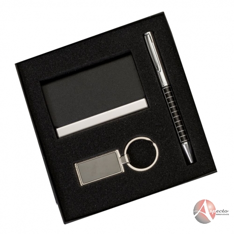 Conjunto de Caneta, Porta Cartão e Chaveiro para Brindes Preto