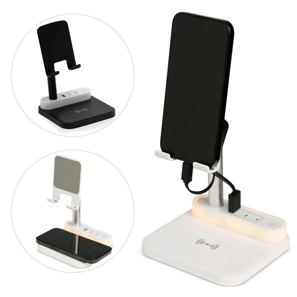 Base de carregamento com suporte para celular e luminária