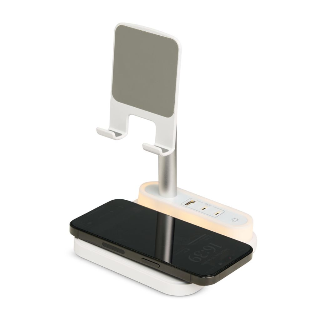 Base de carregamento com suporte para celular e luminária