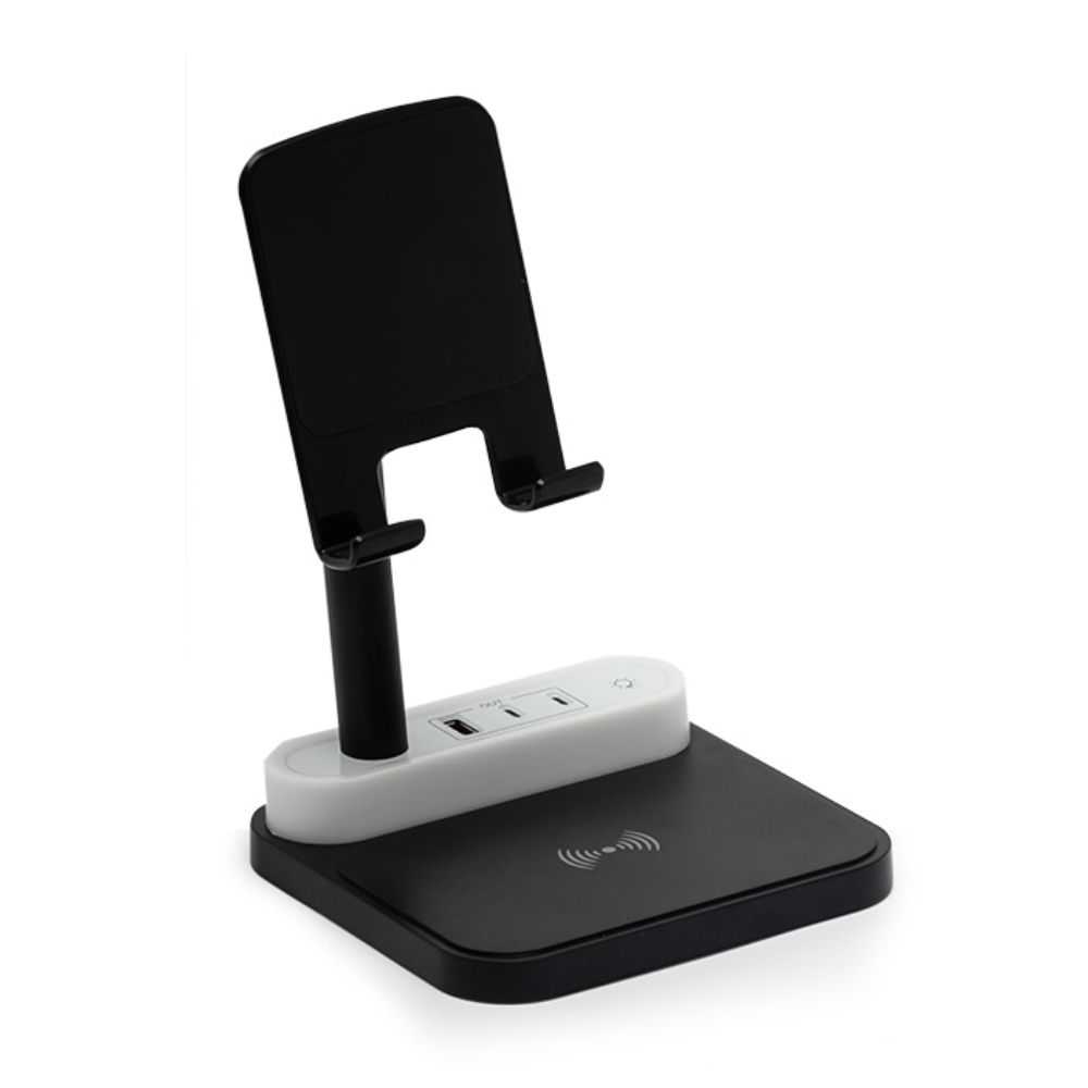Base de carregamento com suporte para celular e luminária