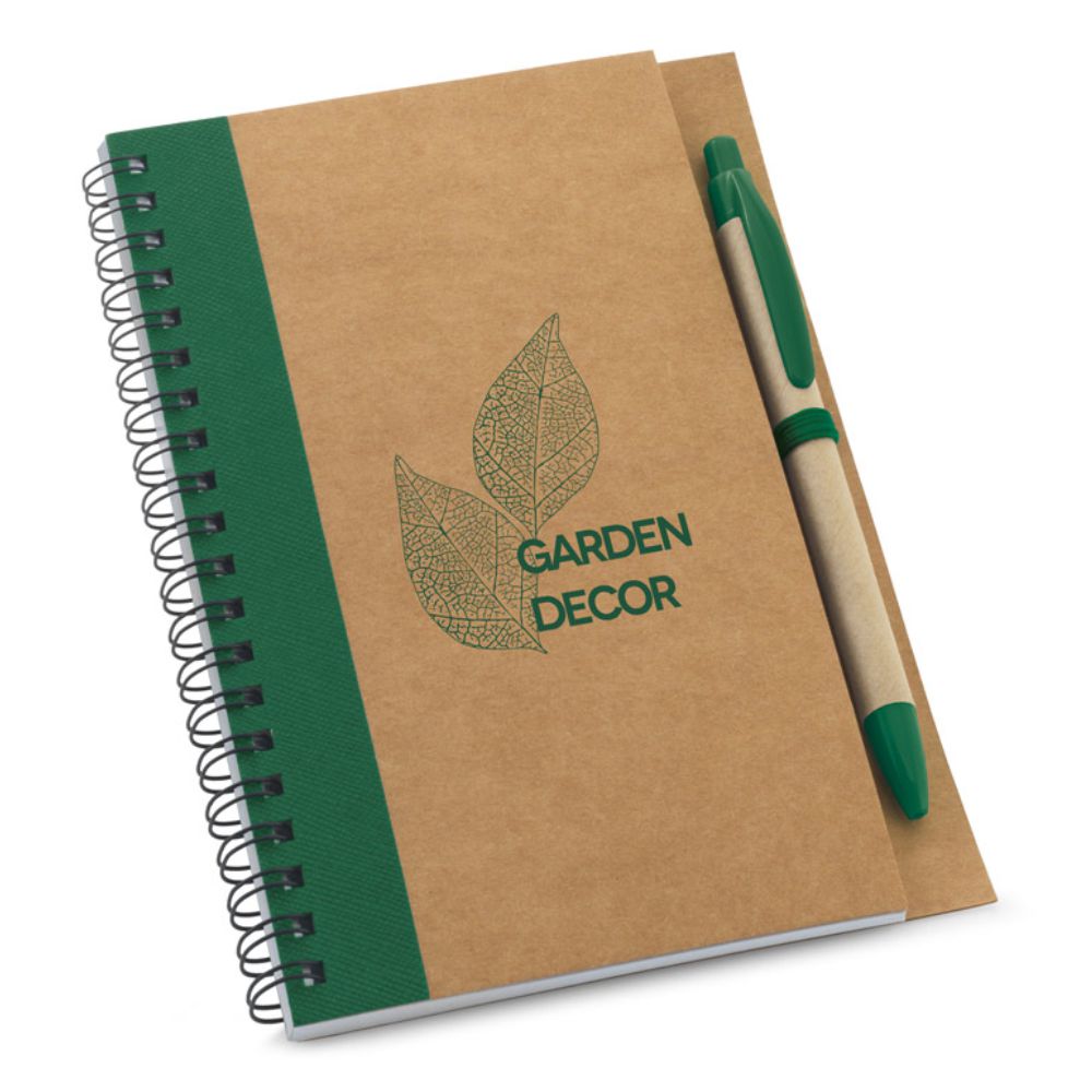 Caderneta Espiral Ecológica Verde com Caneta para Brindes Promocionais