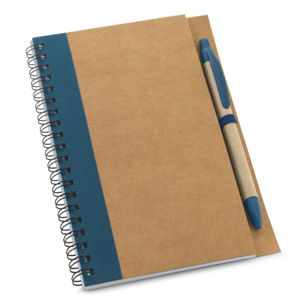 Caderneta Espiral Ecológica Azul com Caneta para Brindes Promocionais