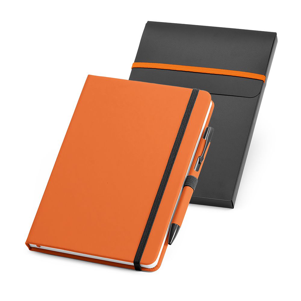 Caderno Tipo Moleskine com Caneta Laranja para Brindes Personalizados