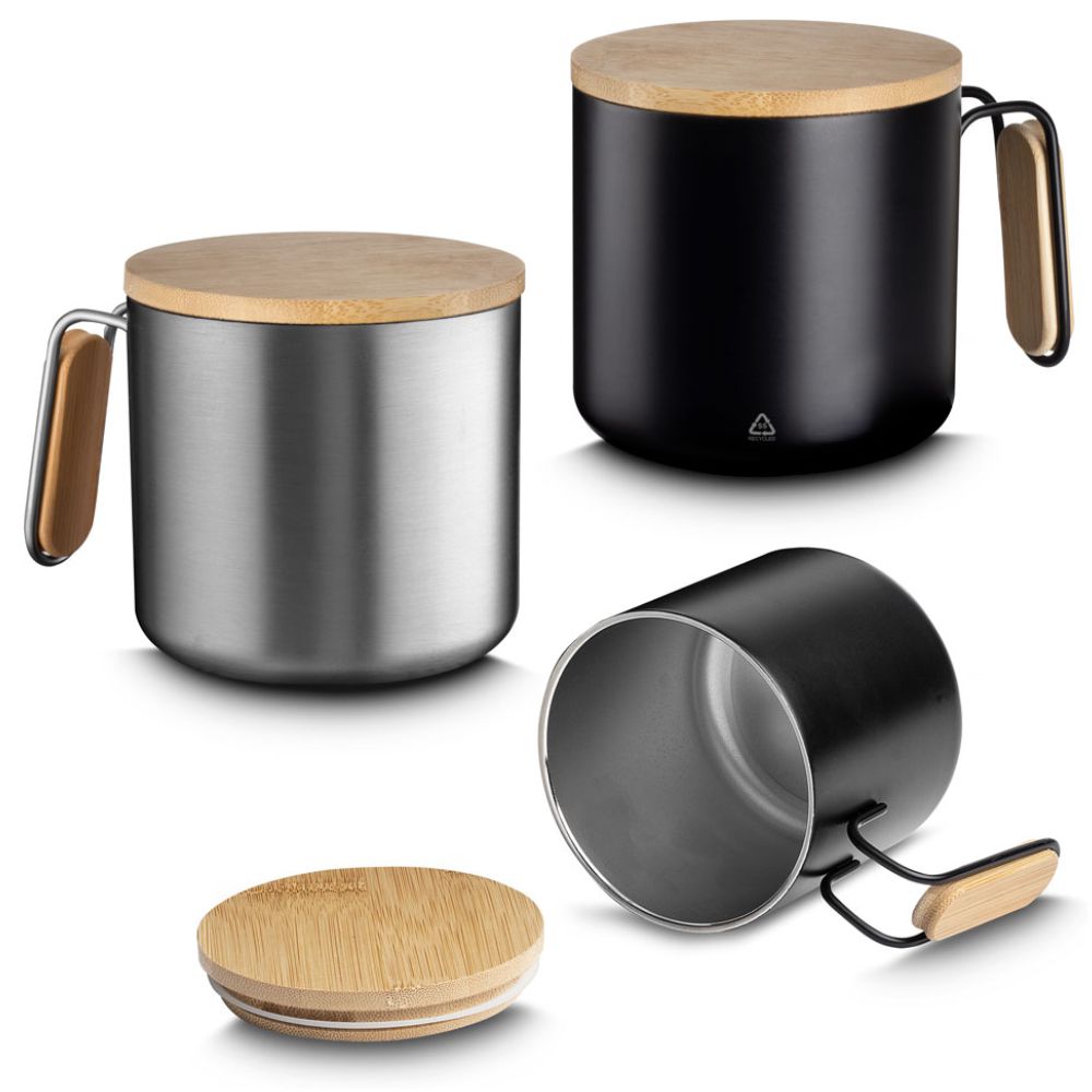 Caneca térmica inox e bambu personalizada para brindes corporativos