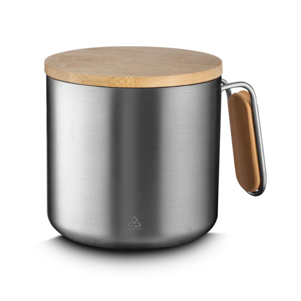 Caneca térmica inox e bambu personalizada para brindes corporativos