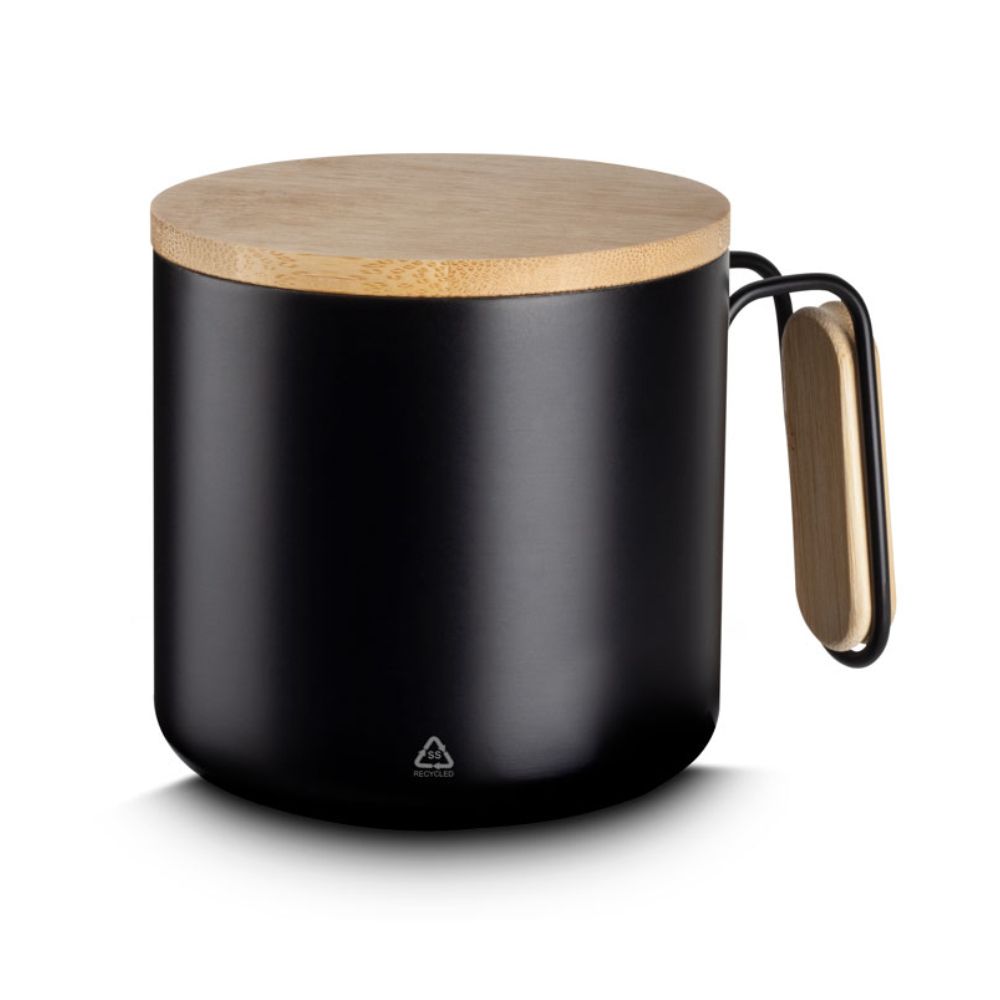 Caneca térmica inox e bambu personalizada para brindes corporativos