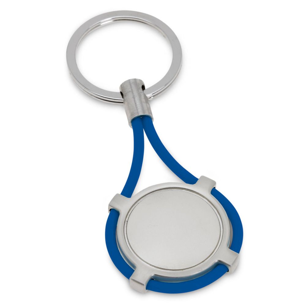 Chaveiro Redondo em Metal e Silicone Azul para Brindes Personalizados