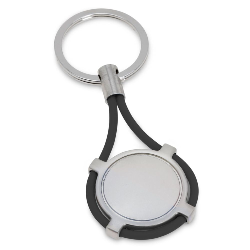 Chaveiro Redondo em Metal e Silicone Preto para Brindes Personalizados