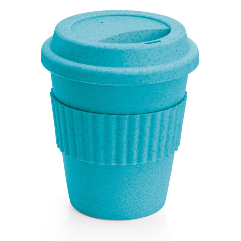 Copo 380 ml Azul Claro de Bambu e Plástico com Tira de Silicone para Brindes Personalizados