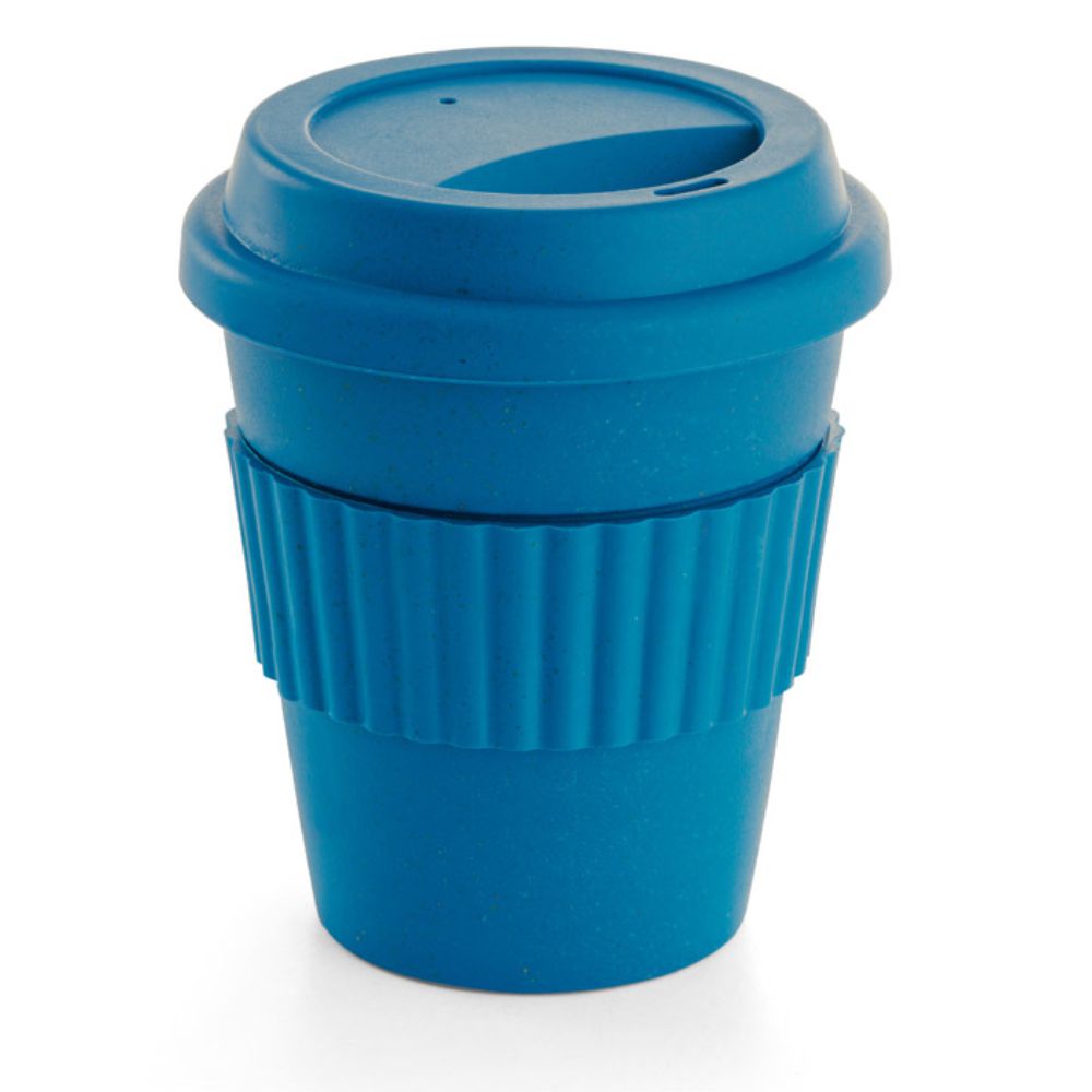 Copo 380 ml Azul de Bambu e Plástico com Tira de Silicone para Brindes Personalizados