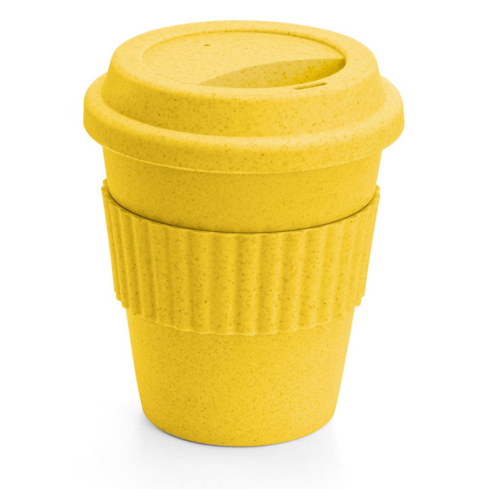 Copo 380 ml Amarelo de Bambu e Plástico com Tira de Silicone para Brindes Personalizados