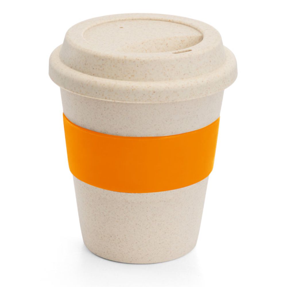 Copo 380 ml Laranja de Bambu e Plástico com Tira de Silicone para Brindes Personalizados