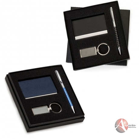 Conjunto de Caneta, Porta Cartão e Chaveiro para Brindes Azul