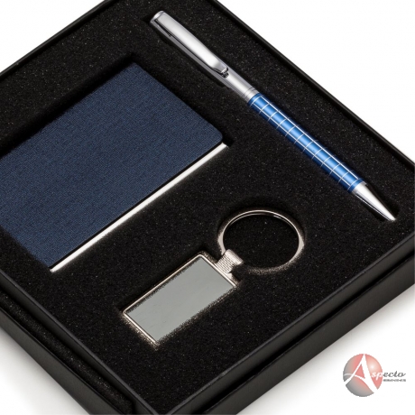 Conjunto de Caneta, Porta Cartão e Chaveiro para Brindes Azul