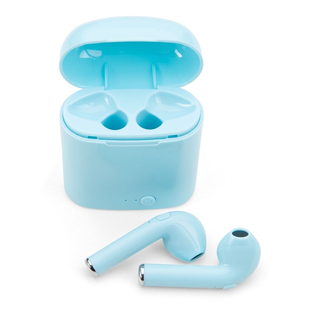 Fone Bluetooth com Case Carregador para Brindes Azul Claro
