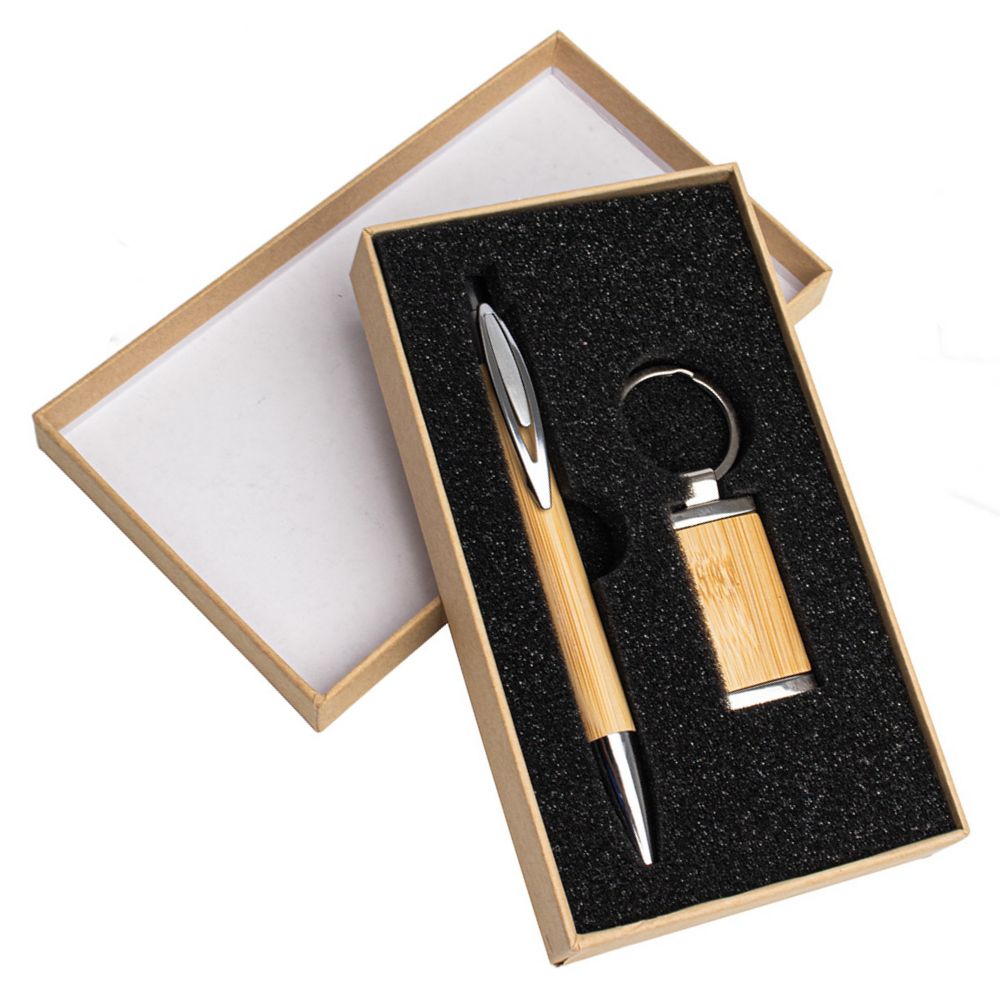 Kit caneta e chaveiro em bambu personalizado para brindes corporativos