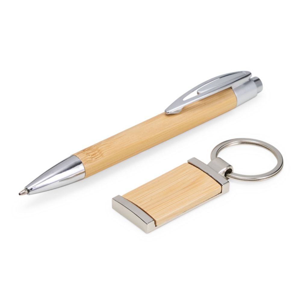 Kit caneta e chaveiro em bambu personalizado para brindes corporativos