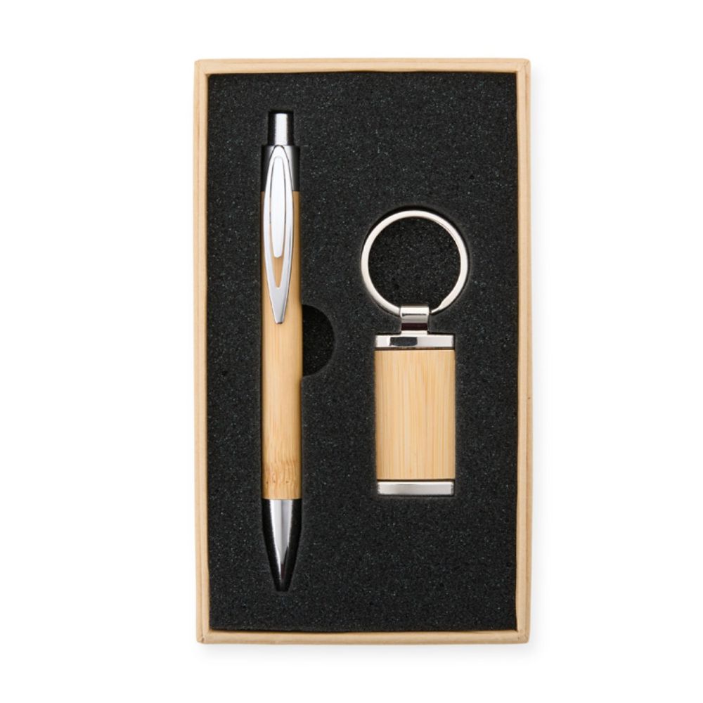 Kit caneta e chaveiro em bambu personalizado para brindes corporativos