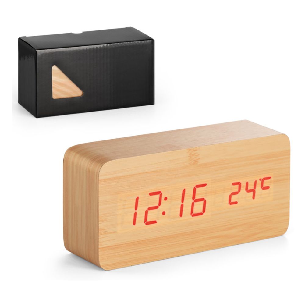Relógio em MDF com calendário, alarme e termômetro