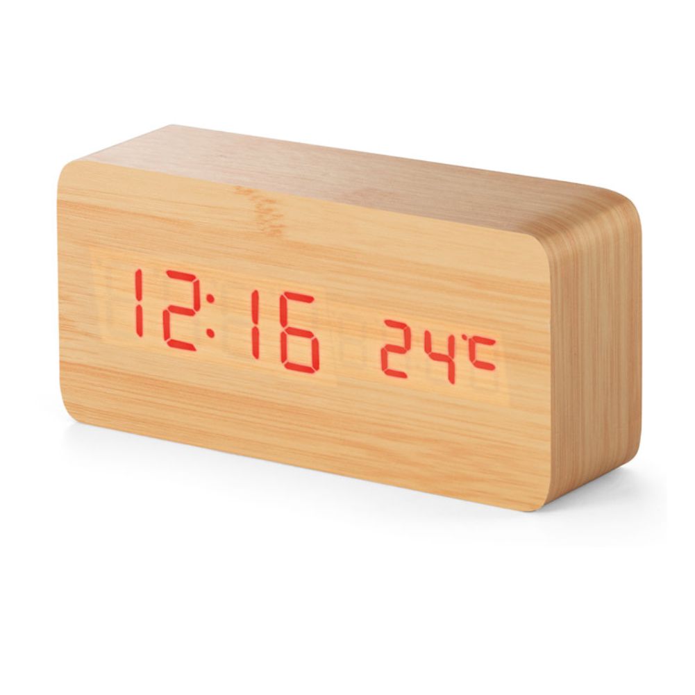 Relógio em MDF com calendário, alarme e termômetro